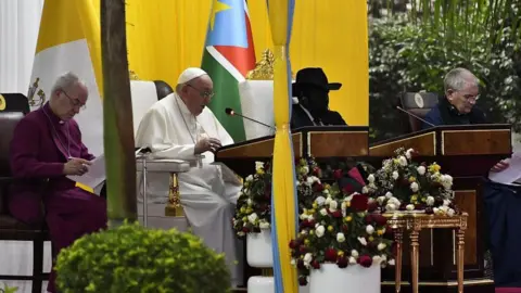 Reuters Pope Francis, South Sudan's President Salva Kiir Mayardit, Archbishop of Canterbury Justin Welby and Church of Scotland Moderator Iain Greenshields in the garden of the Presidential Palace, during his apostolic journey, in Juba, South Sudan, February 3, 2023.