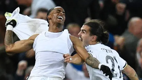 Leeds celebrate their late winner