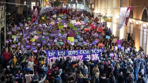 Getty Images Demonstrators gather to protest against femicide and violence against women on 25 November, 2019 in Istanbul, Turkey.