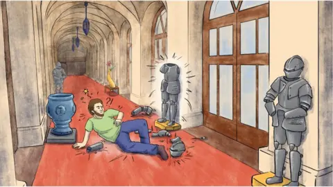 Sarah Dousse Reece crashes into the suit of armour