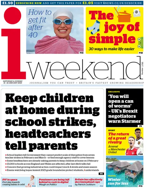 The i has a picture of a woman wearing goggles and a swimming cap to illustrate its story about getting fit after 40, along with a cartoon graphic of socks and a frog to show the joy of simplicity in life.