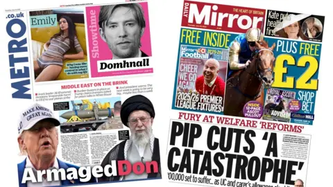 A composite image of the front pages of the Metro and the Daily Mirror on 19 June 2025