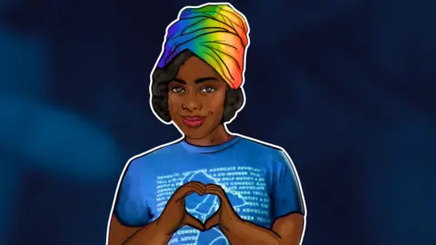 A graphic image of a young woman in a blue T-shirt with a multi-coloured headscarf. She is holding her hands in a heart shape. 