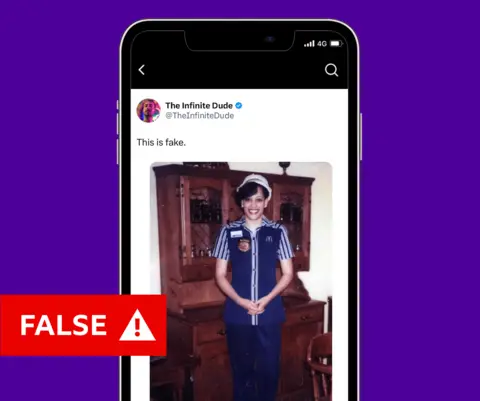 A graphic showing a phone with a screenshot of a post on X by "The Infinite Dude", showing a doctored image of a young Kamala Harris in a McDonald's uniform in front of a large wooden dresser. The image has had a "FALSE" warning pasted over it in red by the BBC.