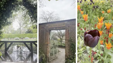 Three pictures showcase the Dawber Garden, the entrance that features a white gate and trellis on the brickwork. Colourful orange and deep purple flowers bloom and a patterned balcony overlooking a pond.