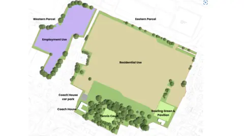 Robert Limbrick A computer generated image showing land sectioned off into residential use and employment use