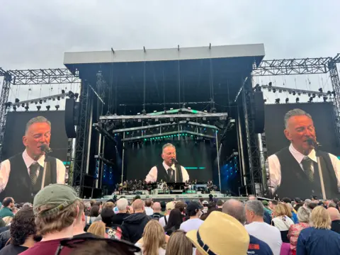 Bruce Springsteen on stage at Boucher Road Playing Fields 