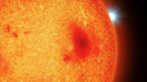 An illustration of what appears to be a large red fiery planet with a white star peeking out from behind it, in a black sky.
