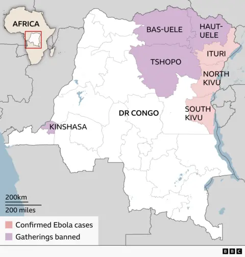 Map of the Democratic Republic of Congo showing provinces affected by Ebola-related restrictions. Confirmed Ebola cases are marked in pink in Ituri, North Kivu and South Kivu provinces in the east of the country. Provinces where public gatherings were recently banned are shaded purple, including Bas-Uele, Haut-Uele, Tshopo and Kinshasa. 