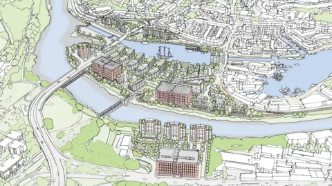 An aerial colour sketch of the proposed Bristol Western Harbour development plans showing apartment buildings and green ecological spaces on both sides of the waterway