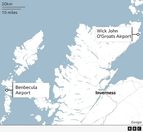 A map of Scotland highlighting Benbecula, Stornoway and Wick John O'Groats Airports