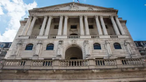 Bank of England building exterior looking up from ground level.