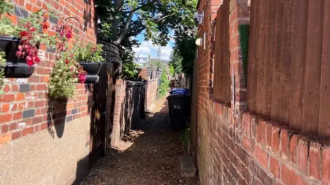 Vikki Irwin/BBC An alleyway with brick walls and fencing covered hanging baskets. The flowers are colourfull and in full bloom. 