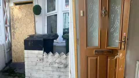 Two images side by side. The first shows a piece of fibreboard covering the front door of Hassan's home. The second shows his brown, wooden door with a huge dent in it just beneath the handle.