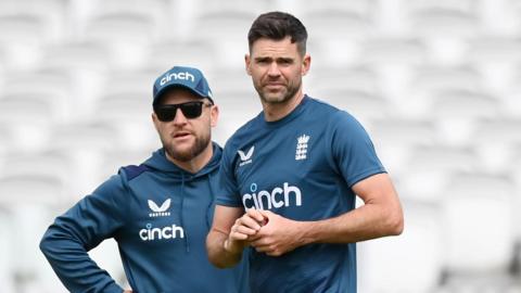 England bowler James Anderson and head coach Brendon McCullum in the nets