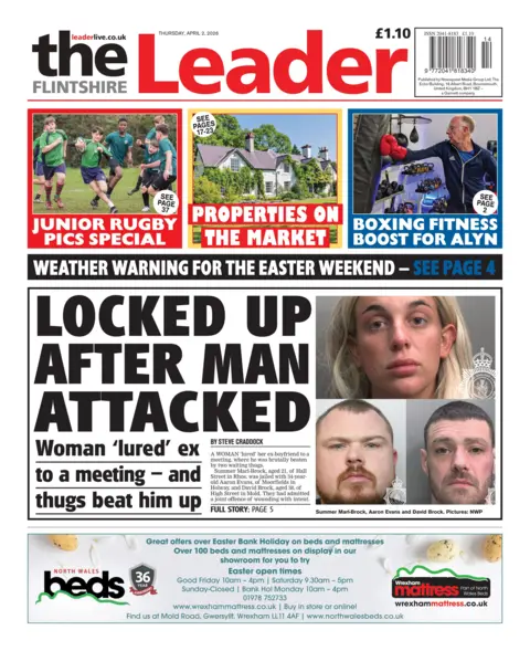 The Flintshire Leader The Flintshire Leader main headline: Locked up after man attacked; Woman 'lured' ex to a meeting - and thugs beat him up. Next to police mugshots of a woman with blonde hair and two men.