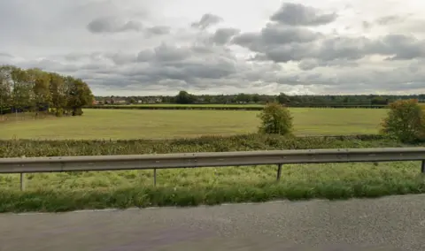 Google Fields and trees behind a motorway barrier