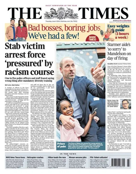 The headline on the front page of the Times reads: "Stab victim arrest force 'pressured' by racism course."