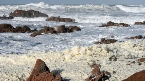 A stormy coastal scene showing powerful waves breaking over scattered brown rock formations. Large amounts of white and yellow sea foam blanket the foreground shoreline and swirl across the water's surface. The ocean appears turbulent, with multiple rows of white-capped waves extending toward the horizon under an overcast gray-blue sky.