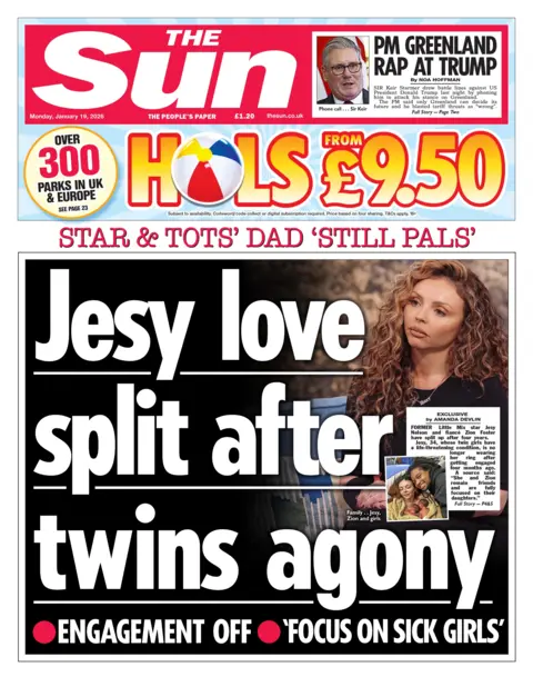 The headline on the front page of the Sun reads: "Jesy love split after twins agony."