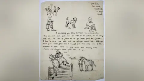 Hansons Auctioneers A handwritten letter with drawings on people, a dog, and horses on it.