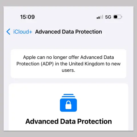 Apple Error message seen by Apple users which says: "Apple can no longer offer Advanced Data Protection in the United Kingdom to new users."