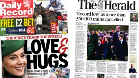 Composite image of the Daily Record, headlined "The King's thank you speech love & hugs" and The Herald, headlined "'Record low' as more than 360,000 trains cancelled"