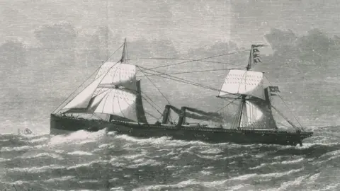A Victorian era etching of a passenger - She has sails and a two funnels which are spewing smoke as she steams through the ocean