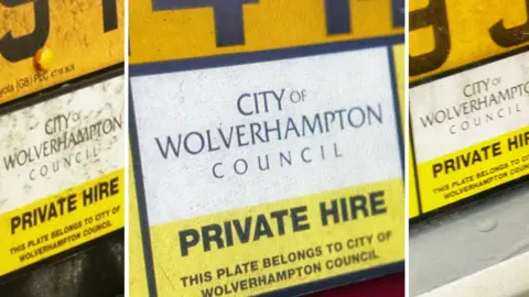 A montage showing three licence plates for private hire vehicles. Each is white and yellow, with a black border, and labelled "City of Wolverhampton Council" in black letters, along with "Private hire", and "this plate belongs to City of Wolverhampton Council".