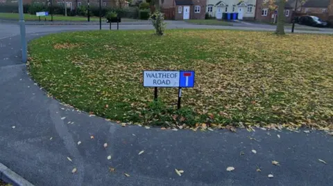 A street view showing the sign for Waltheof Road. It shows a residential area in the background. The sign sits on a green space covered in leaves.