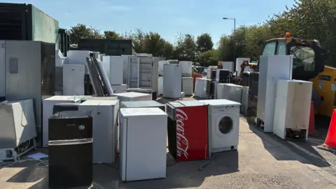 More than 20 appliances are close to each other outside, with bushes in the background near the top of the image.