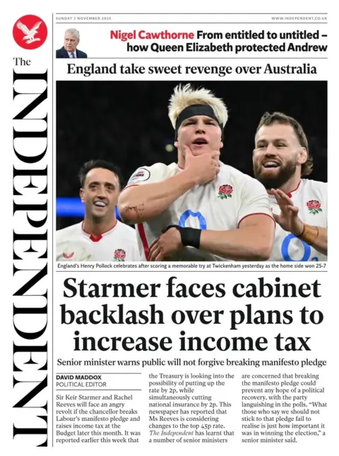 "Starmer faces cabinet backlash over plans to increase income tax," reads the headline on the front page of the Independent 