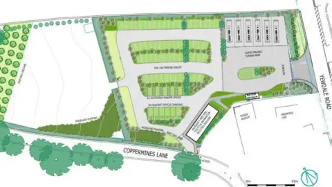 Galpin Landscape Architecture A map of the proposed car park. The entrance to the site is on the east of the map at Yewdale Road, while the Ruskin Museum stands to the south. six coach bays are located near the entrance while the 70 car parking spaces are further to the west.