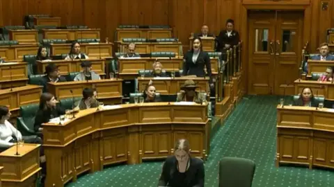Getty Images This frame grab taken from a New Zealand Parliament TV feed shows Maori lawmaker Hana-Rawhiti Maipi-Clarke standing up during a first reading of the Principles of the Treaty of Waitangi Bill