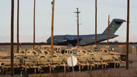 A United States Air Force Boeing C-17 used for deportation flights is pictured at Biggs Army Airfield in Fort Bliss, El Paso, Texas on February 13, 2025.
 