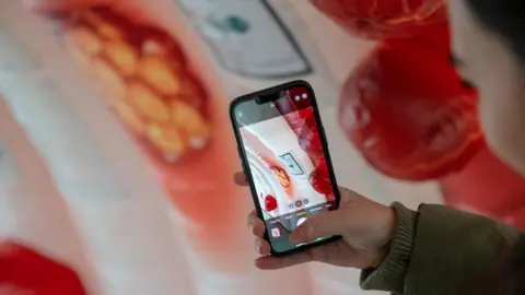 Julie Broadfoot A woman takes a picture of the inside of the inflatable bowel. She is wearing a green jumper and holding a phone. 
