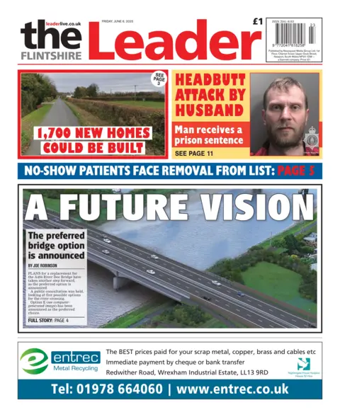 Flintshire Leader Front page of the Flintshire Leader with the splash headline "A future vision" and a picture of a road over a body of water. Below is an advert for entrec metal recycling. Above are two more boxes, on with the headline "1,700 new homes could be built" and the other with the headline "Headbutt attack by husband".
