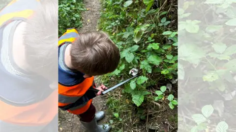 Wiltshire Council a young boy in a high vis jacket holding a litter picker reaches for a crushed can caught in a plant just off a woodland trail