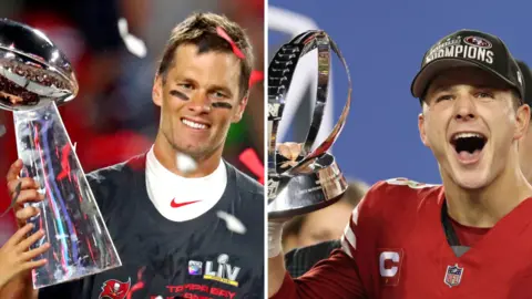 Tom Brady and Brock Purdy with NFL trophies