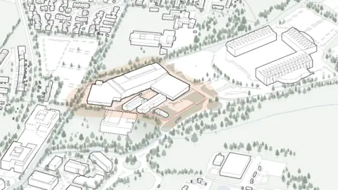 Transition by Design An artist's aerial view of the site, with the area marked for development highlighted. The Kassam Stadium is next to it on the right.