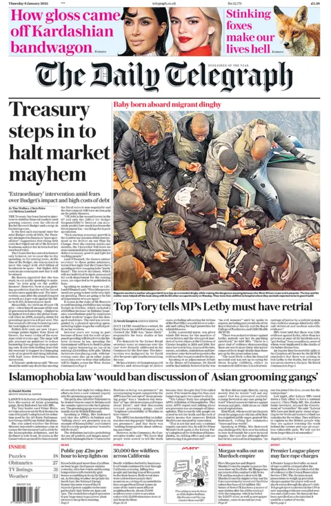 "Treasury steps in to halt market mayhem" headlines the Daily Telegraph 