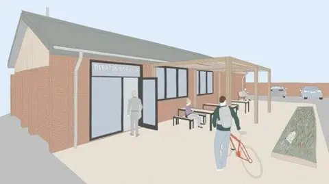 Grainge Architects Concept design of the work hub at the Market Centre, Tiverton. It is a single-storey brick building with glass doors, plus a pergola with benches and seats