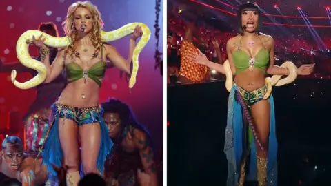 Getty Images/MTV Britney Spears poses with a snake at the 2001 MTV Awards, while Megan Thee Stallion will recreate the stunt at the 2024 ceremony