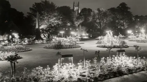 Leamington Spa Art Gallery and Museum A black and white photo of sections of Jephson Gardens lit up