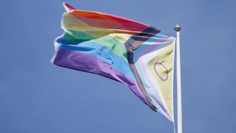 Pride flag shown flying on pole against blue sky