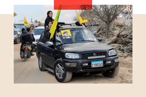 Getty Images Residents wave Hezbollah flags as they return to their village 