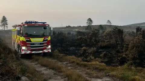 Dorst and Wiltshire Fire and Rescue Service A fire engine is driving through a section of heathland. The fire engine is red with some bright yellow and white markings. There are hints of smoke wafting from some of the hedging as the vehicle drives past. The land looks mostly green with grass and hedging and there are some trees dotted across the land in the distance.