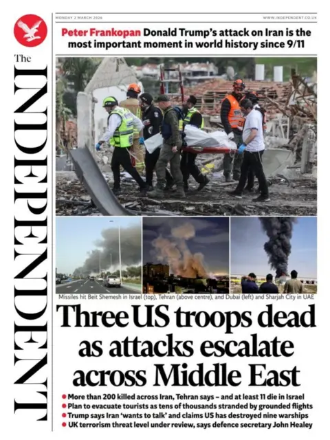 The headline on the front page of the Independent reads: “Three US troops dead as attacks escalate across Middle East”.