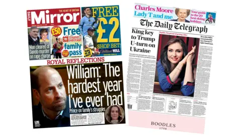 The headline for the Mirror says: "William: The hardest year I've ever had". The headline for the Daily Telegraph says: "King key to Trump U-turn on Ukraine". 