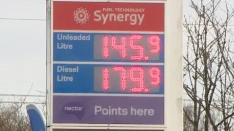 Fuel prices displayed on a sign at a garage with Unleaded at 149.9p per litre and Diesel at 179.9p per litre